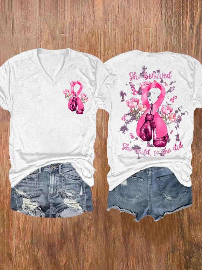 She Believed She Could So She Did Pink Ribbon Boxing Gloves And Flowers Breast Cancer Print Short Sleeve Casual T-Shirt