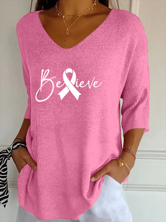 Women's Breast Cancer Believe Print Striped Fabric Casual V-Neck T-Shirt