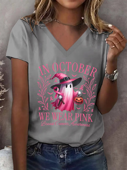 Women's In October We Wear Pink Breast Cancer Awareness Print V-neck T-Shirt