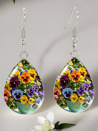 Purple Drop-Shaped Pansy Flower Design Earrings