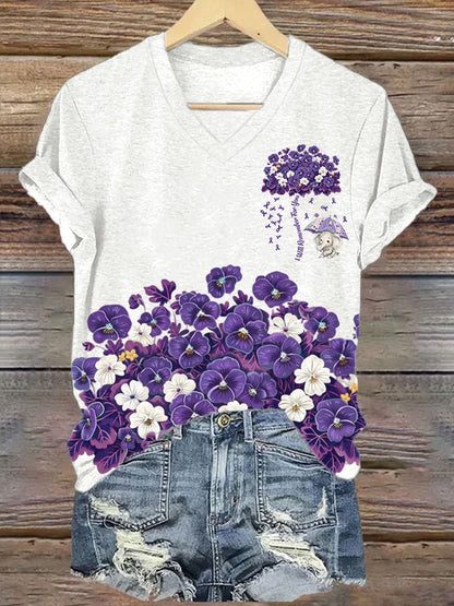 Women'S Alzheimer's Disease Awareness Floral  Printed Casual T-Shirt