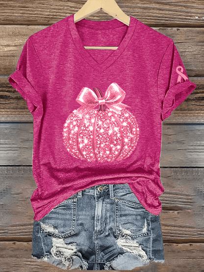 Women's Breast Cancer Sequined Pumpkin Print V-Neck T-Shirt