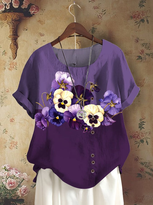 Women's Purple Pansy Alzheimer's Disease Awareness Floral Print Button Down Casual Shirt