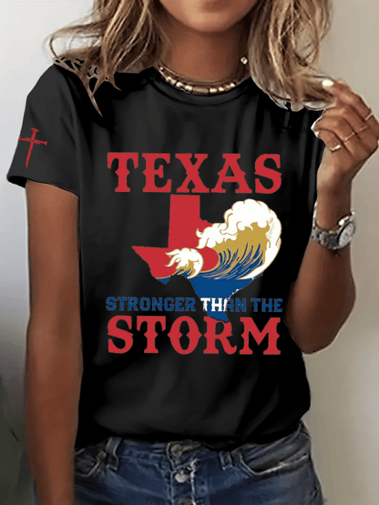 🙏💔Join us in praying for Texas.🙏Women's Texas Strong Than The Storm Print Crew Neck T-Shirt