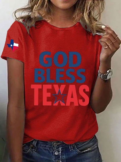 Women's Texas Flood God Bless Texas Print Casual T-Shirt