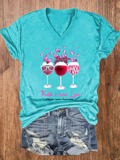 Women's Faith Hope Love Wine Glass Butterfly Breast Cancer Awareness T-Shirt