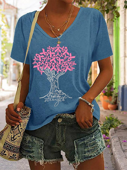 Women's Breast Cancer Awareness Cancer Fighter Pink Ribbon Tree Printed V-Neck Tee