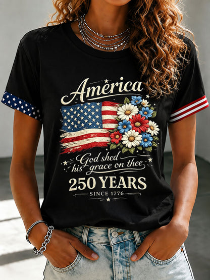 Women's Floral American Flag Printed Casual T-shirt