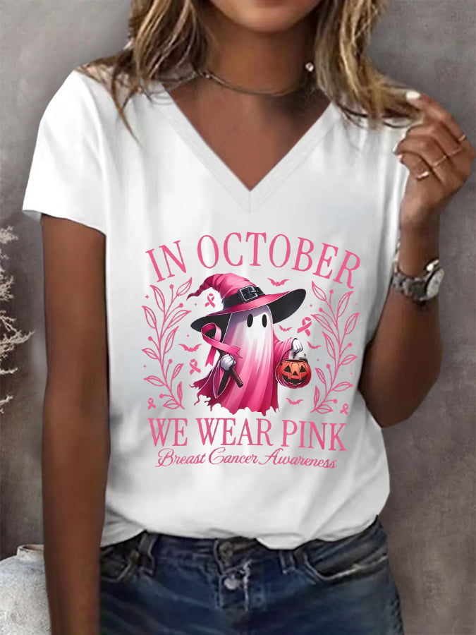 Women's In October We Wear Pink Breast Cancer Awareness Print V-neck T-Shirt