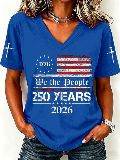 Women'S America Flag Print Casual V-Neck T-Shirt