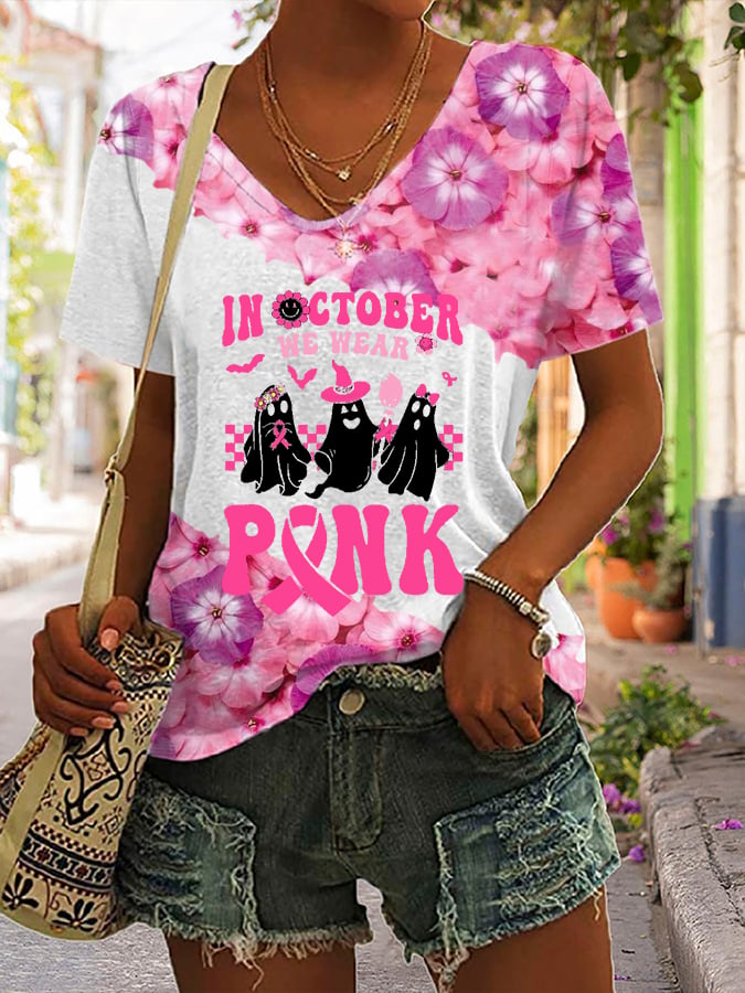 Women's Casual In October We Wear Pink Printed Short Sleeve T-Shirt