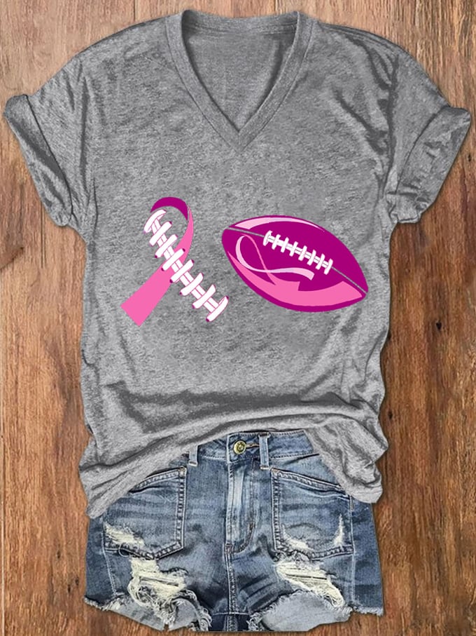 Women's Football Breast Cancer Awareness Print V-Neck T-Shirt