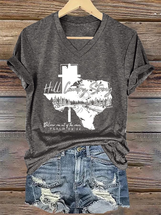 🙏💔Join us in praying for Texas.🙏V-Neck Retro Texas Strong Hill Country Strong Deliver Me Out Of The Mire Psalm 69:14 Print T-Shirt