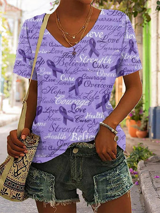 Women's Alzheimer's Awareness Love Hope Cure Strength Believe Print V-Neck Tee