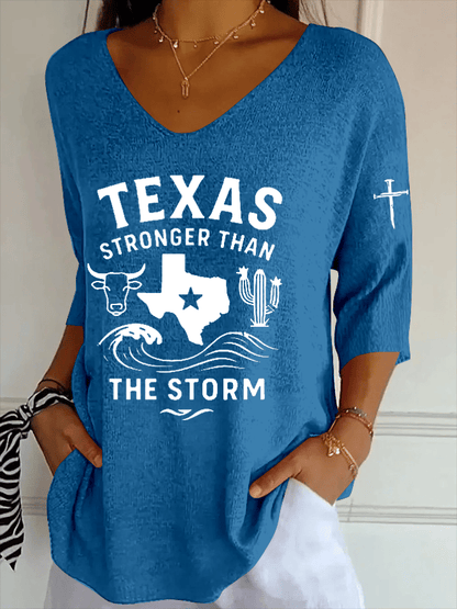 🙏💔Join us in praying for Texas.🙏Women's Texas Strong Than The Storm Striped Fabric Casual V Neck T-Shirt