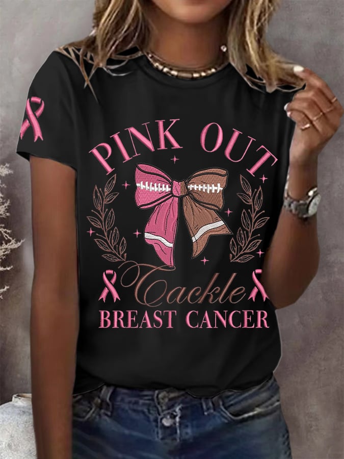 Women's Pink Out Breast Cancer Awareness Printed Short Sleeve T-Shirt