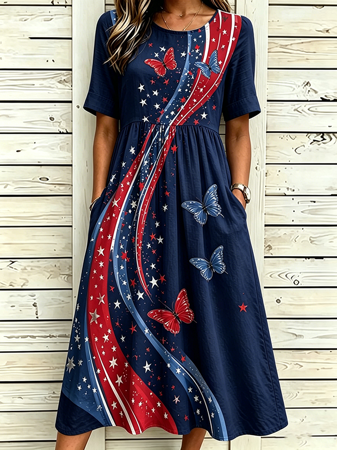 Women's National Flag Floral Print Cotton Linen Short-Sleeved Dress