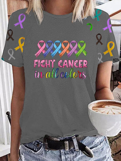 Women's Fight Cancer In All Colors Print Casual Tee