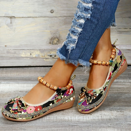👍Last Day Promotion 70% OFF –2023 🌹Women's Floral Print Flat Shoes, Ethnic Style Ankle Strap Slip On Shoes, Casual Walking Shoes