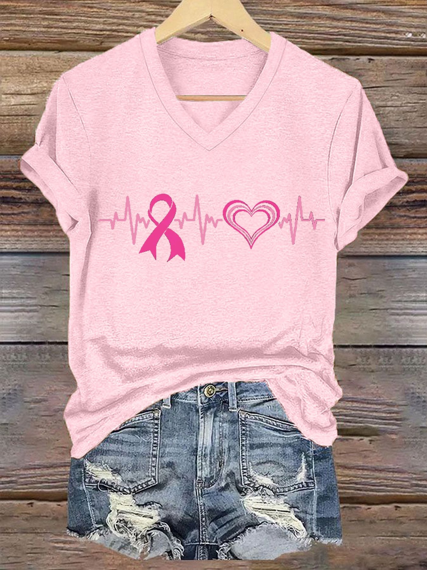 Women's Breast Cancer Awareness Print V-Neck T-Shirt