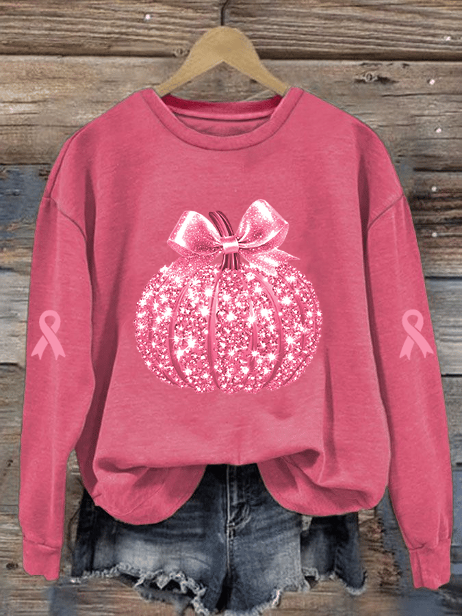 Women's Breast Cancer Sequin Pumpkin Print Crew Neck Sweatshirt