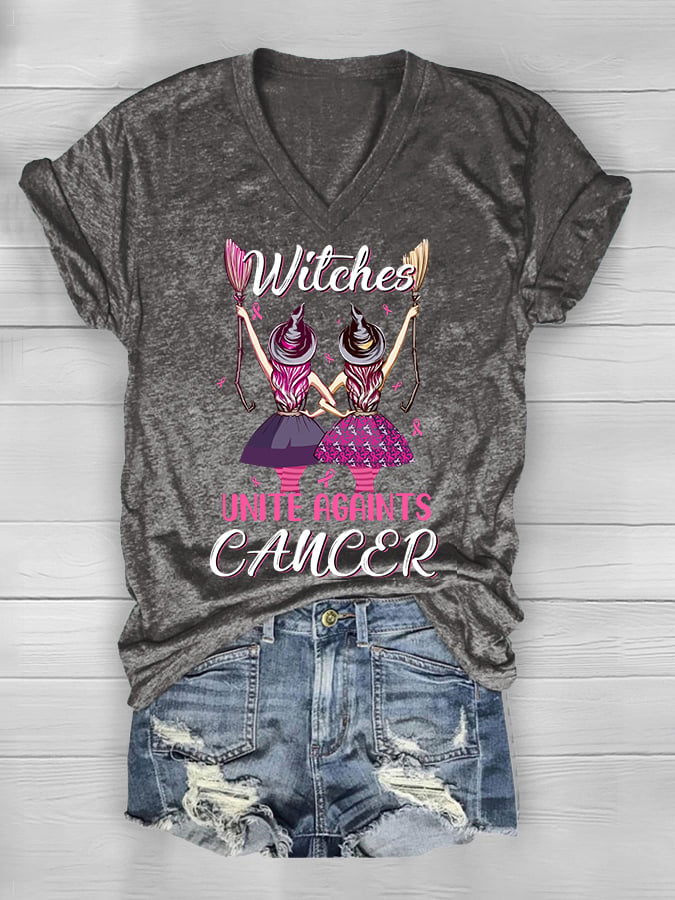 Women's Witches Unite Against Cancer Breast Cancer Awareness V-Neck Tee