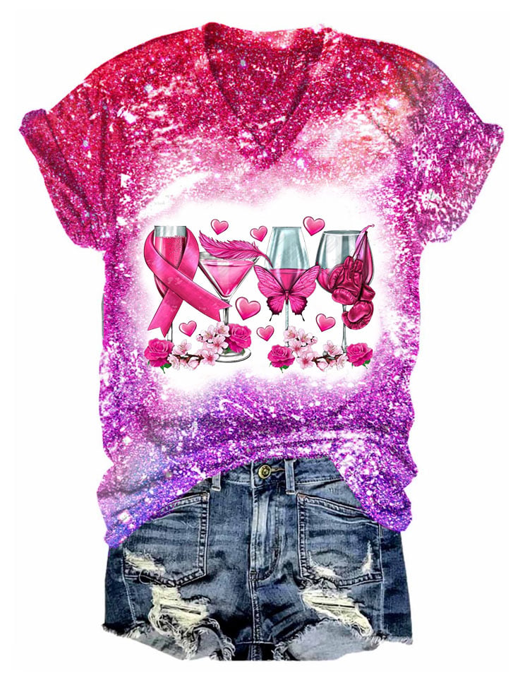 Women's Breast Cancer Casual V-Neck Short Sleeve T-Shirt