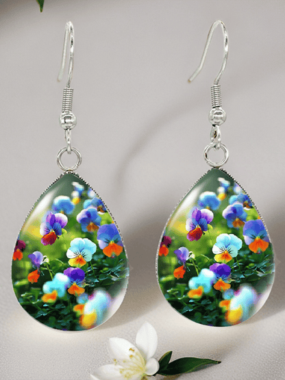 Purple Drop-Shaped Pansy Flower Design Earrings