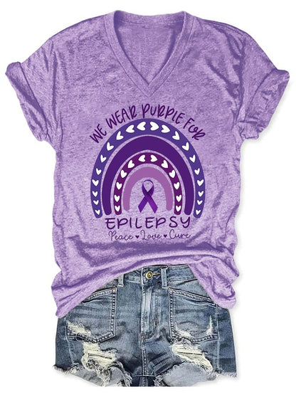 V-neck Epilepsy Awareness We Wear Purple For Epilepsy Peace Love Cure Print T-Shirt