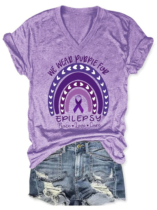 V-neck Epilepsy Awareness We Wear Purple For Epilepsy Peace Love Cure Print T-Shirt