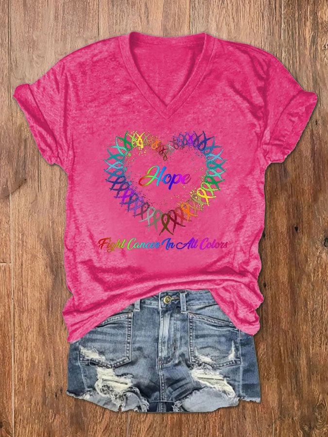 Women's Hope Fight Cancer In All Colors Cancer Awareness Ribbon Print V-Neck T-Shirt