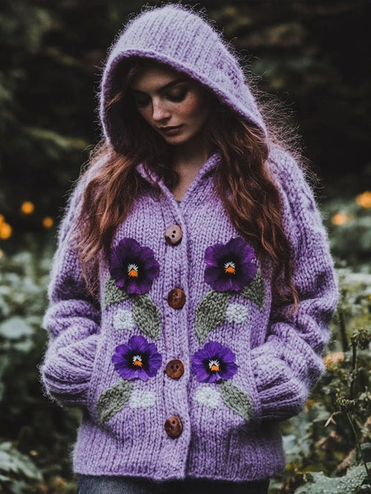 Women's Purple Flowers Embroidery Pattern Cozy Hooded Cardigan