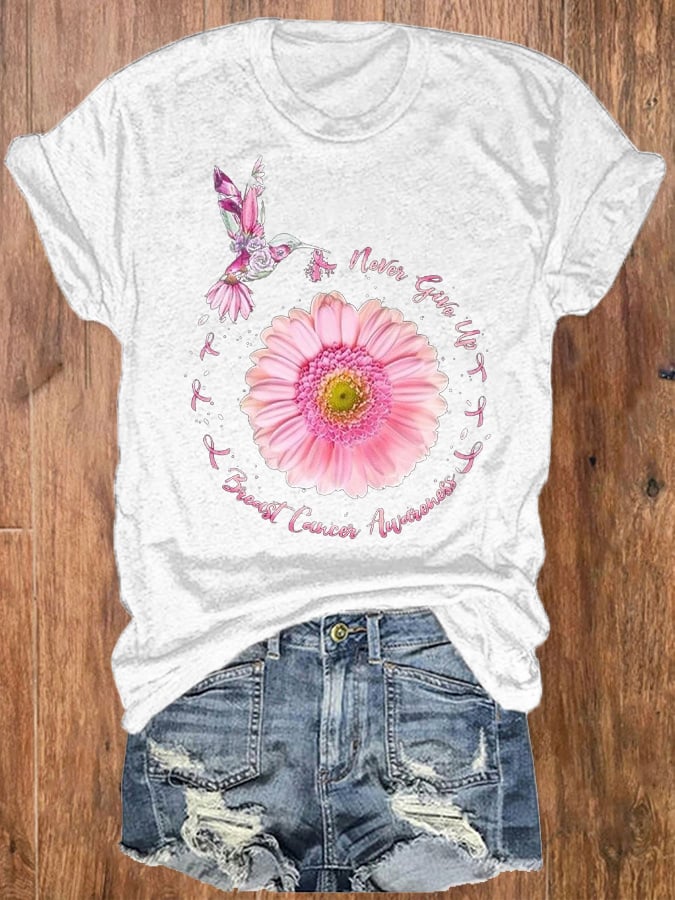 Women's Never Give Up Breast Cancer Awareness Print Crewneck T-Shirt