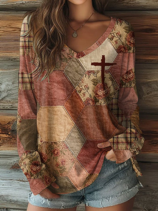 Women's Breast Cancer Awareness Pink Floral Art Print Casual V-Neck Long Sleeve T-Shirt