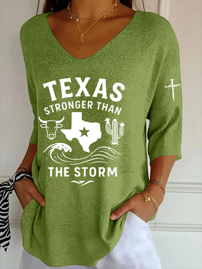 🙏💔Join us in praying for Texas.🙏Women's Texas Strong Than The Storm Striped Fabric Casual V Neck T-Shirt