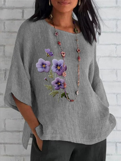 Women's Round Neck Purple Floral Print Round Neck Loose Shirt