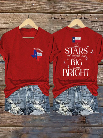 🙏💔Join us in praying for Texas.🙏V-Neck Retro Texas Strong The Stars At Night Are Big And Bright Deep In The Heart Of Texas Print T-Shirt