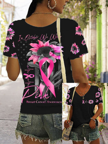Women's In October We Wear Pink Breast Cancer Awareness Print V-Neck T-Shirt