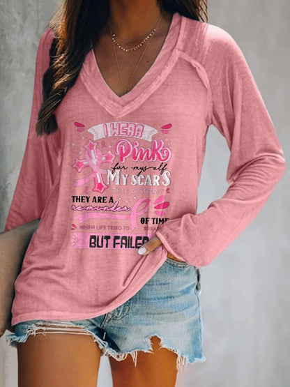 V-Neck Breast Cancer Awareness I Wear Pink For Myself My Scars Tell A Story They Are A Reminder Of Time When Life Tried To Break Me But Failed T-Shirt