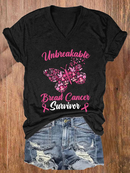 Women's Unbreakable Breast Cancer Survivor Print Casual T-Shirt