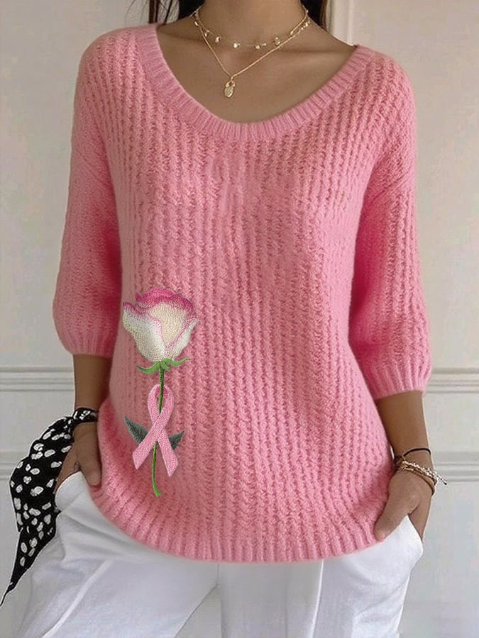 Women's Casual Retro Pink Rose Sweater