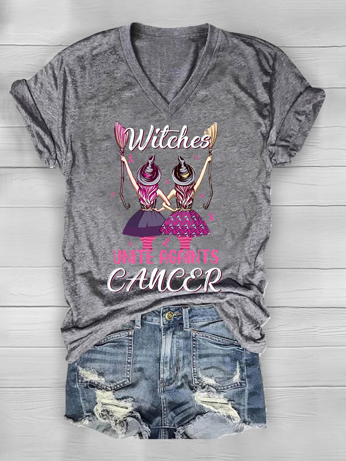 Women's Witches Unite Against Cancer Breast Cancer Awareness V-Neck Tee
