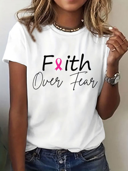 Women's Breast Cancer Awareness Faith Over Fear Printed Casual T-Shirt