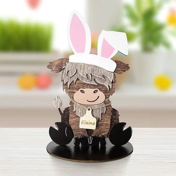 Cute Highland Cow Wooden Tabletop Decor with 12 Interchangeable Hats
