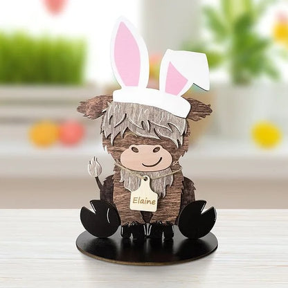 Cute Highland Cow Wooden Tabletop Decor with 12 Interchangeable Hats