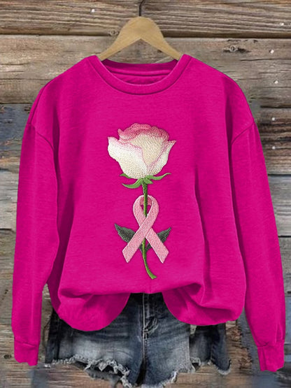 Women's pink embroidered floral print crew neck sweatshirt