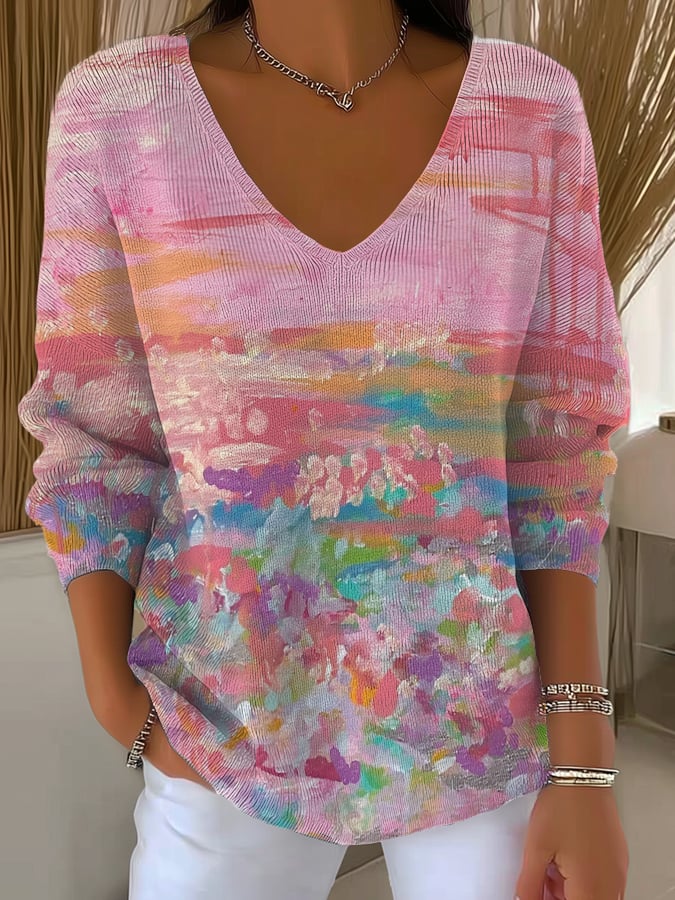 Women's Casual Pink Gradient Oil Painting Striped Long-Sleeved Top