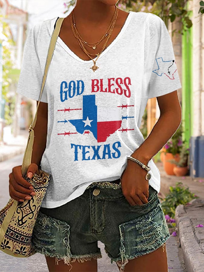 🙏💔Join us in praying for Texas.🙏V-Neck Retro Texas Strong God Bless Texas Print T-Shirt