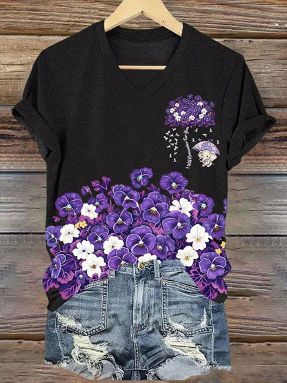 Women'S Alzheimer's Disease Awareness Floral  Printed Casual T-Shirt