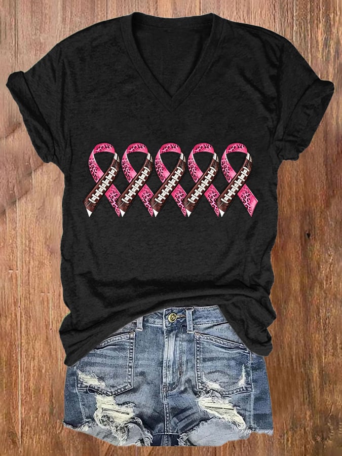 Women's Casual Breast Cancer Ribbon Print Short Sleeve T-Shirt